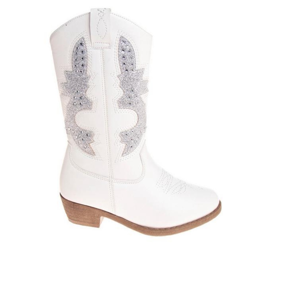 Kensie Girl White Kids Western Boots with Silver Glitter Stars
